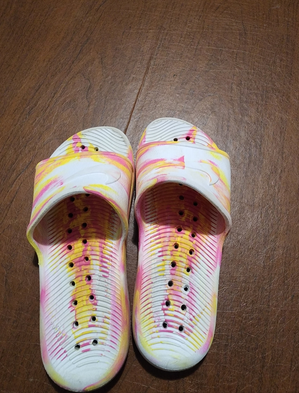 Nike White Tie-Dye Slide Sandals with Pink & Yellow Swirls - Picture 2 of 4